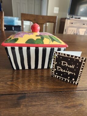 Droll Designs Hand-Painted Ceramic Covered Dish Yellow, Red,Green, Black Stripes